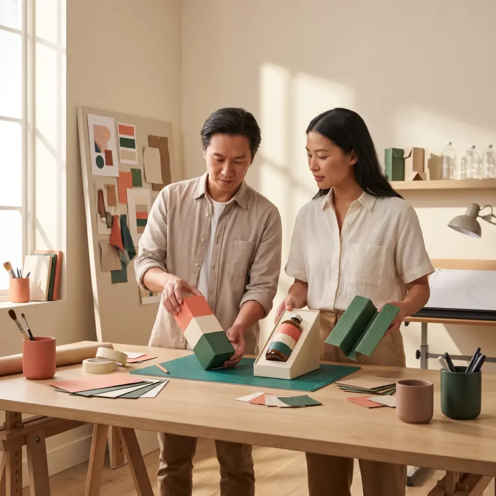 Two people examine color-blocked cosmetic packaging beside a bottle in a fitted presentation tray.