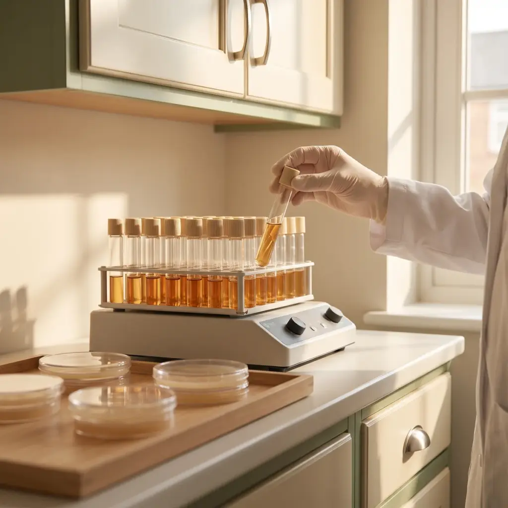 A gloved hand positions a capped tube above a shaker-mounted rack beside covered culture plates.