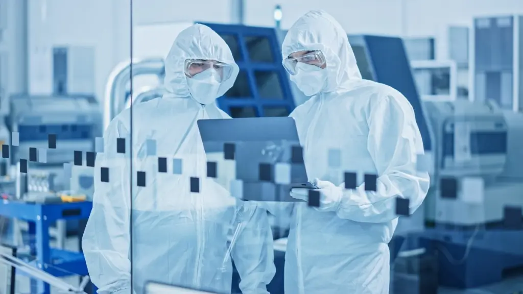 Laboratory technicians reviewing a laptop in a cleanroom