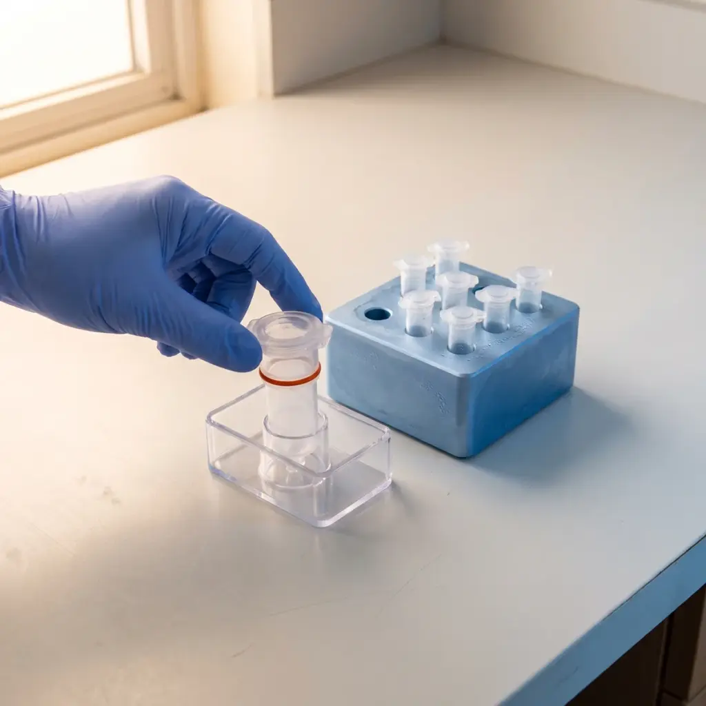 A gloved hand touches a clear column lid beside capped tubes in a blue laboratory block.