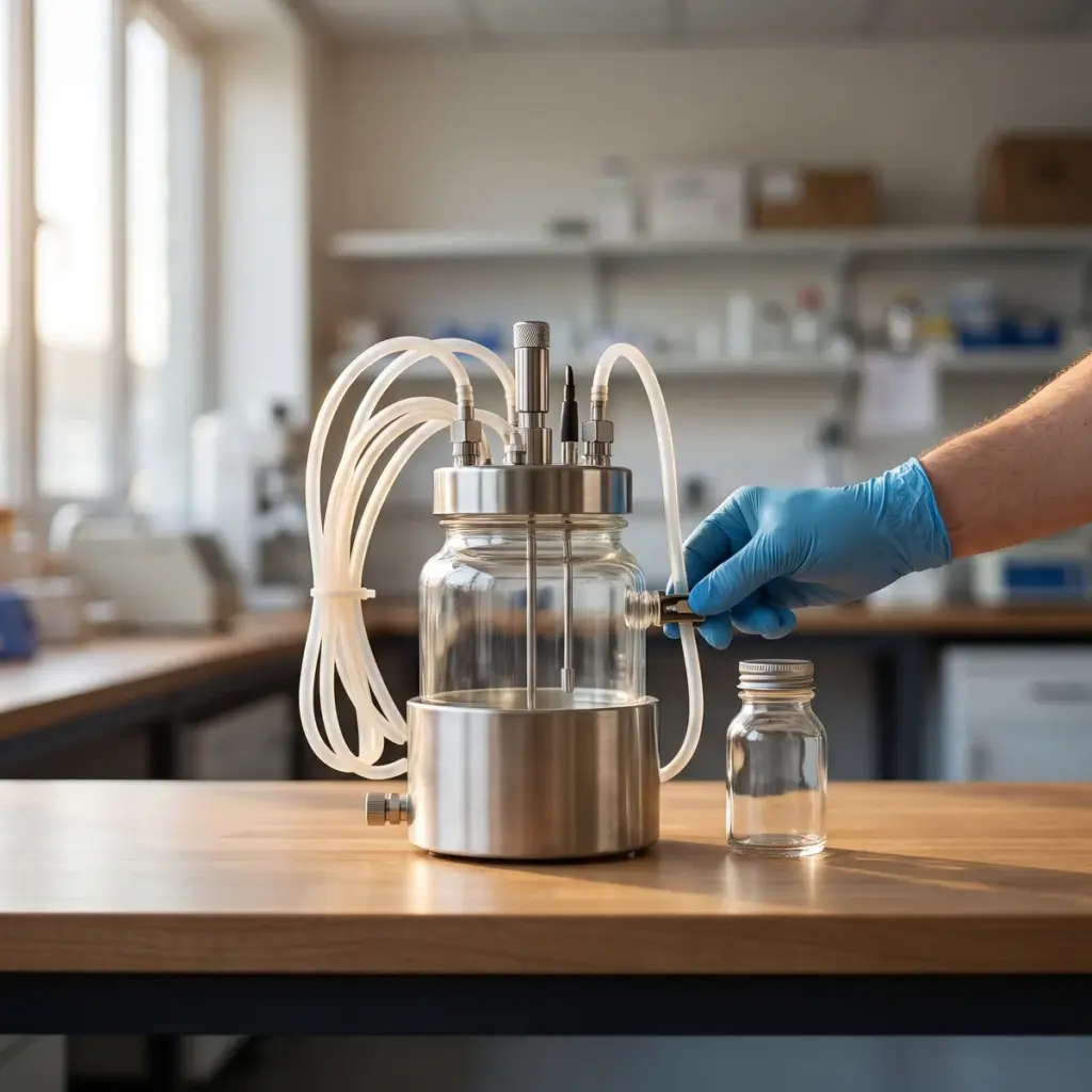 A blue-gloved hand holds a side fitting on a glass laboratory vessel with metal probes and looping tubing.