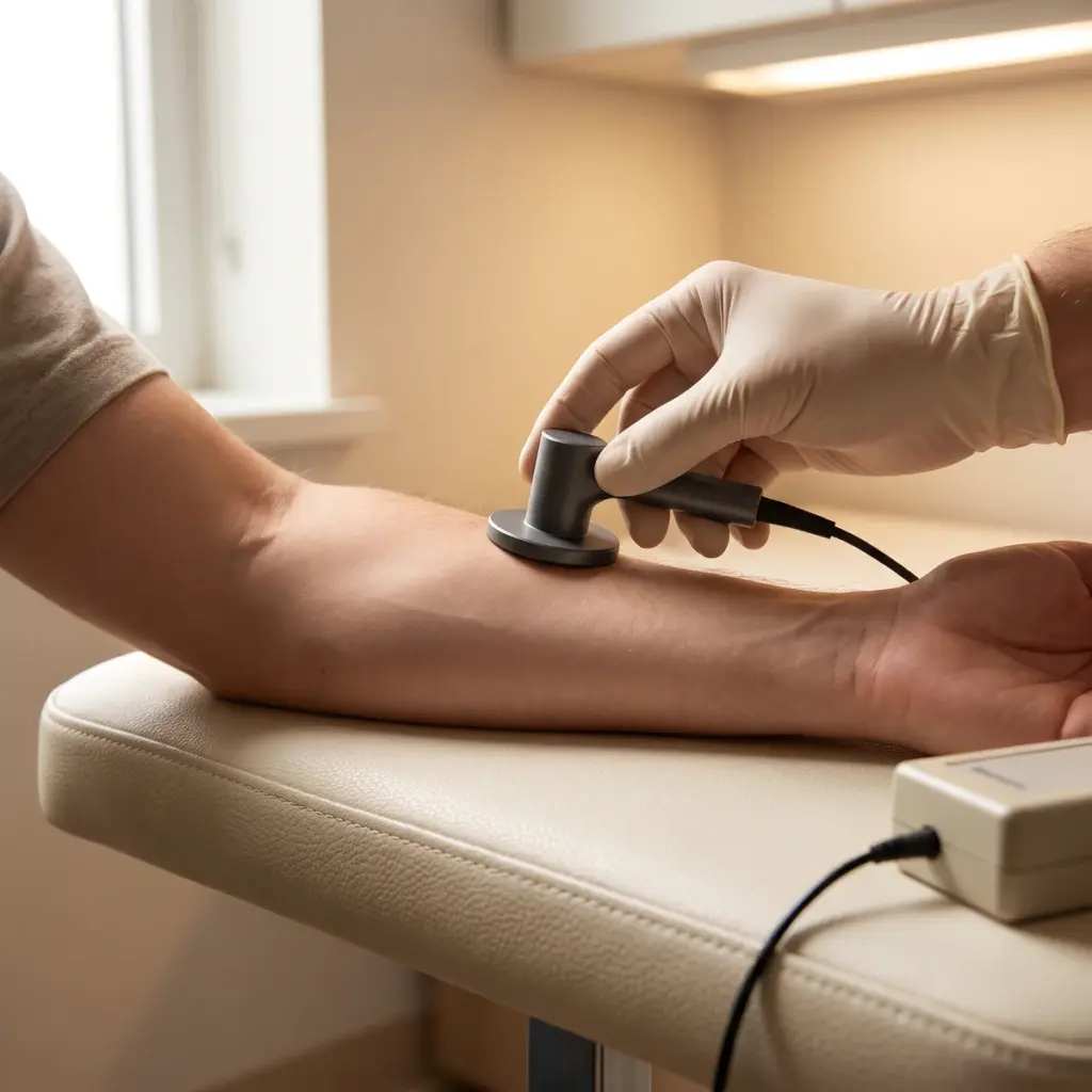 A gloved hand holds a wired contact probe against an adult’s forearm resting on a padded support.