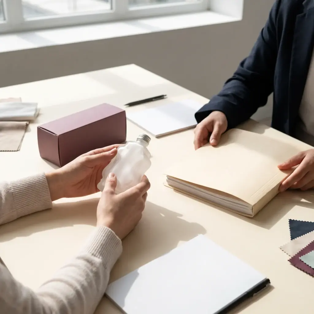 Hands examine a wavy frosted bottle beside a plain carton and closed document folder.