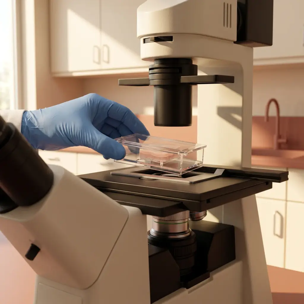 A blue-gloved hand positions a covered rectangular sample chamber on a microscope carrier.
