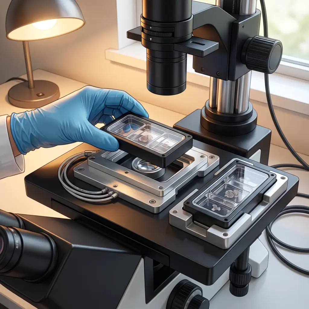 Editorial illustration of a gloved hand placing a framed chamber slide into a microscope stage adapter.