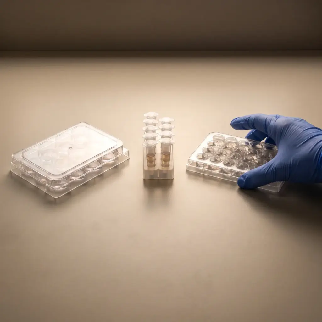 A blue-gloved hand steadies a covered multiwell plate beside another plate and capped sample aliquots.