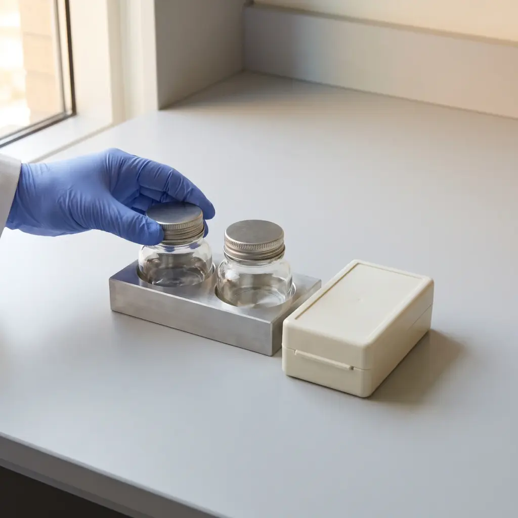 A gloved hand checks a screw cap on one of two glass vessels in a metal holder beside a closed carrier.