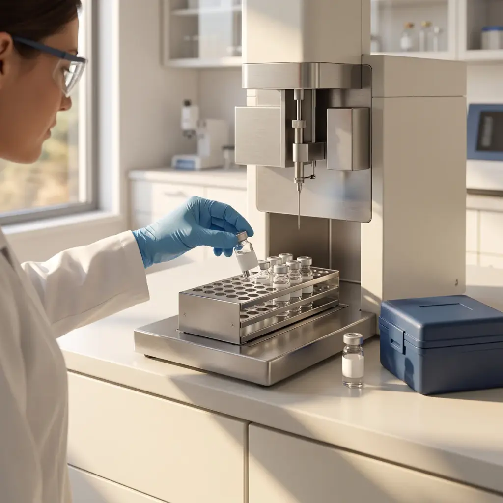 A blue-gloved hand holds a capped glass vial above a perforated instrument rack.