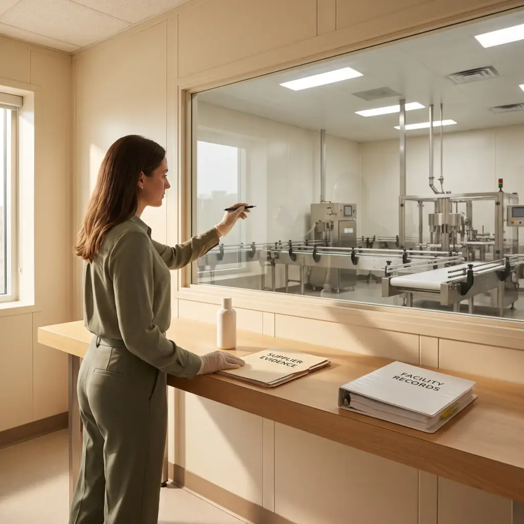 An adviser reviews a bottle and evidence folders while indicating production equipment behind glass.