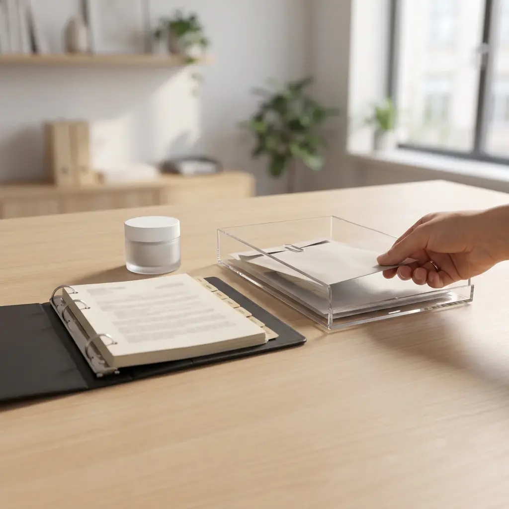 A hand handles papers beside an open ring binder, a closed cosmetic jar and a clear document tray.