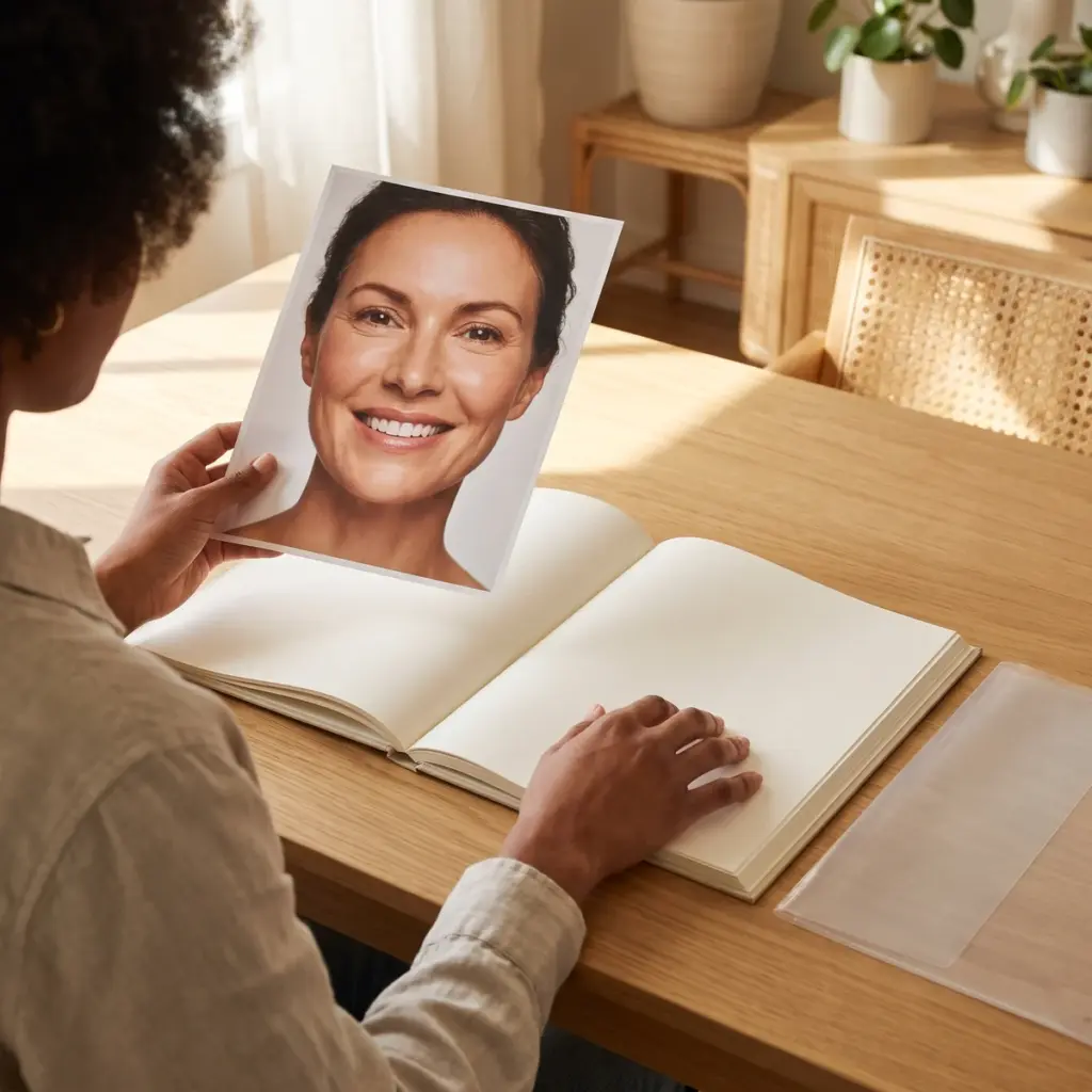 A reviewer holds a smiling adult portrait beside a blank open folio and a transparent image sleeve.