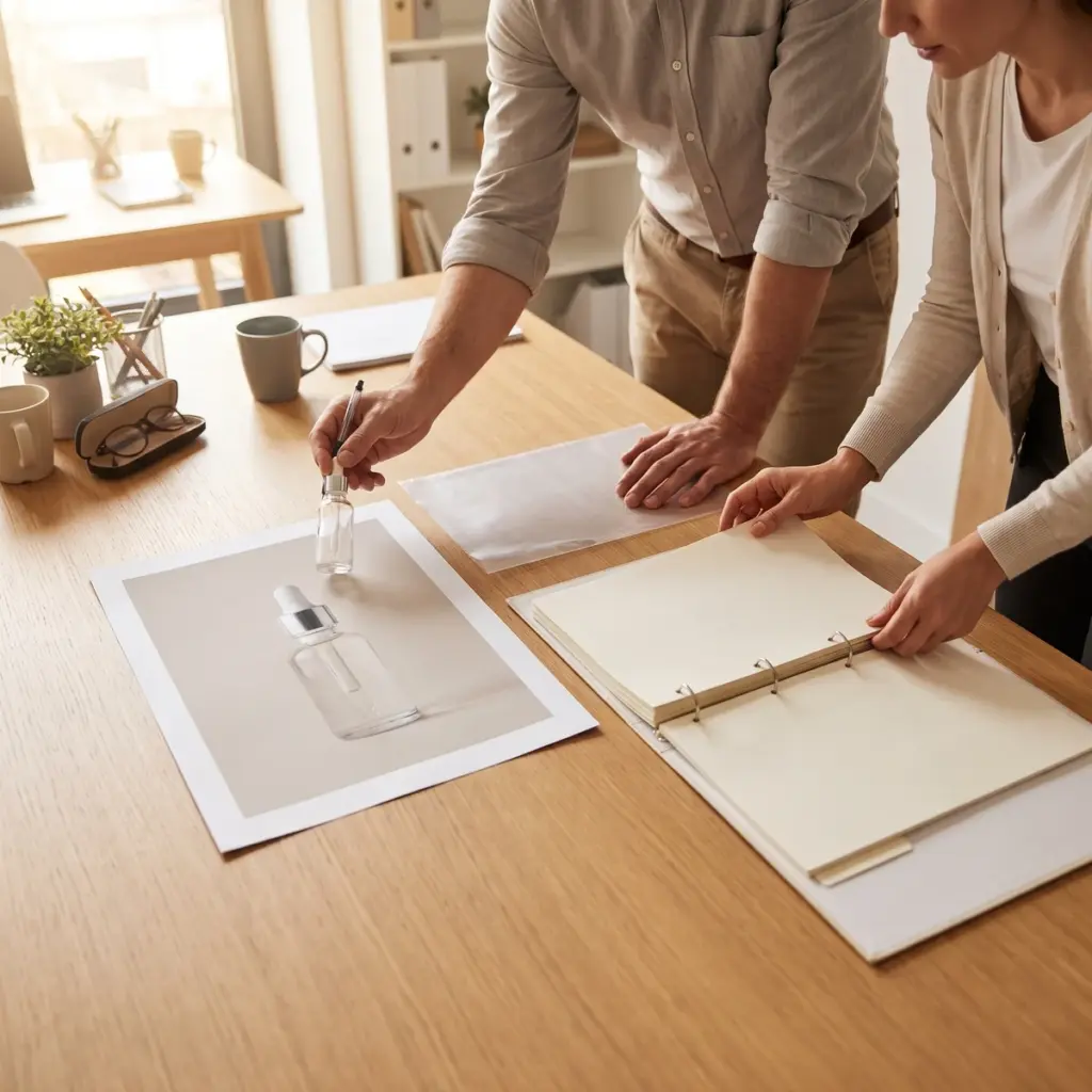 Colleagues review a plain dropper bottle and its photograph beside a blank ring folio and an empty sleeve.
