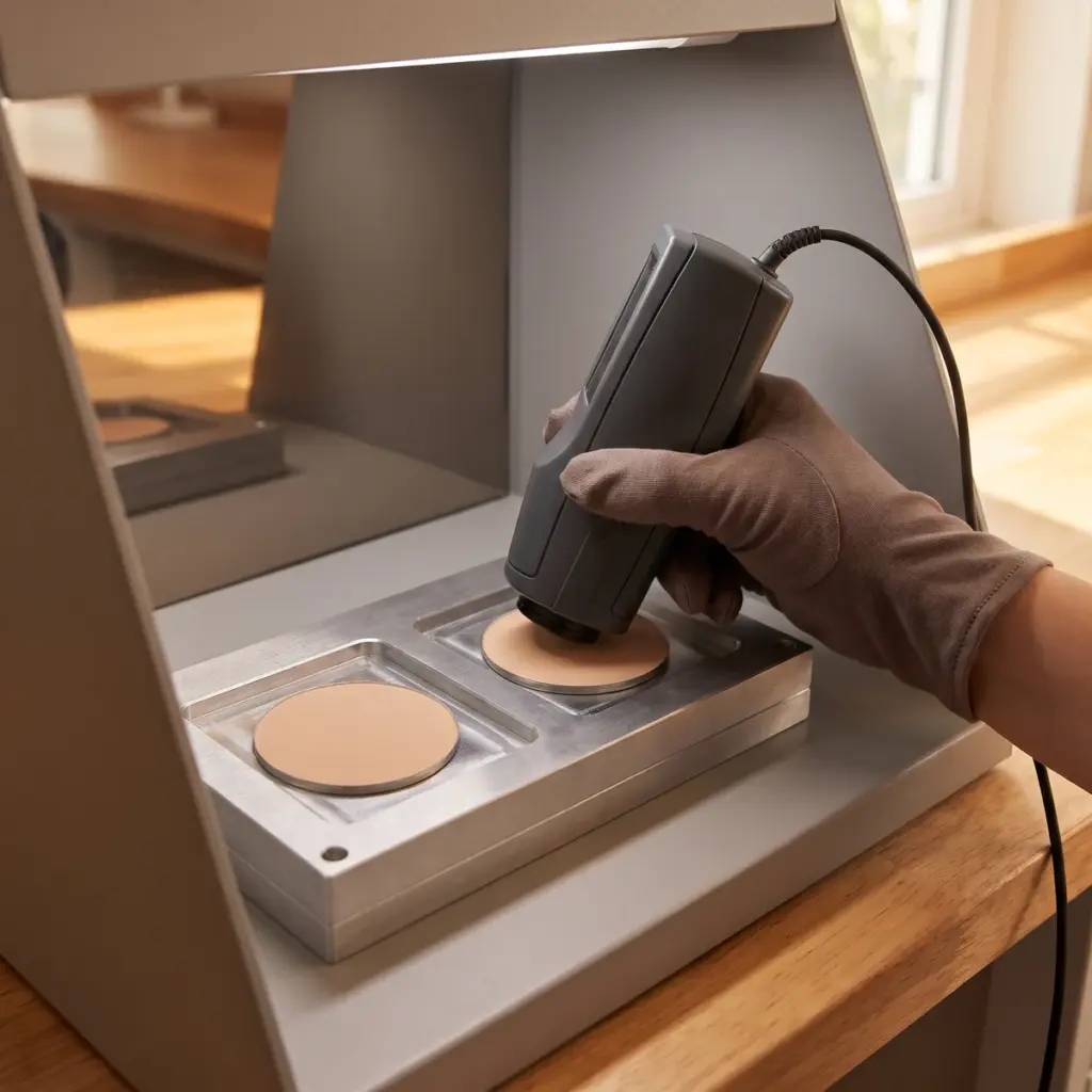 A gloved hand positions a handheld measuring instrument against a powder pan beside a reference pan.