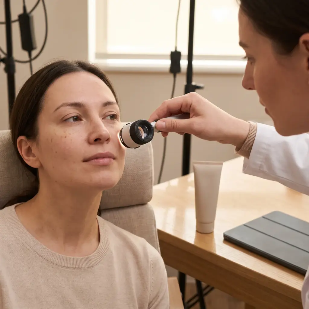 Editorial illustration of a practitioner positioning an illuminated inspection tool at a woman’s cheek.