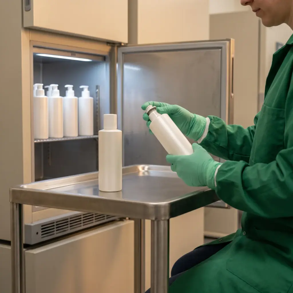 Gloved hands inspect a lotion-bottle closure beside a closed companion pack and storage cabinet.