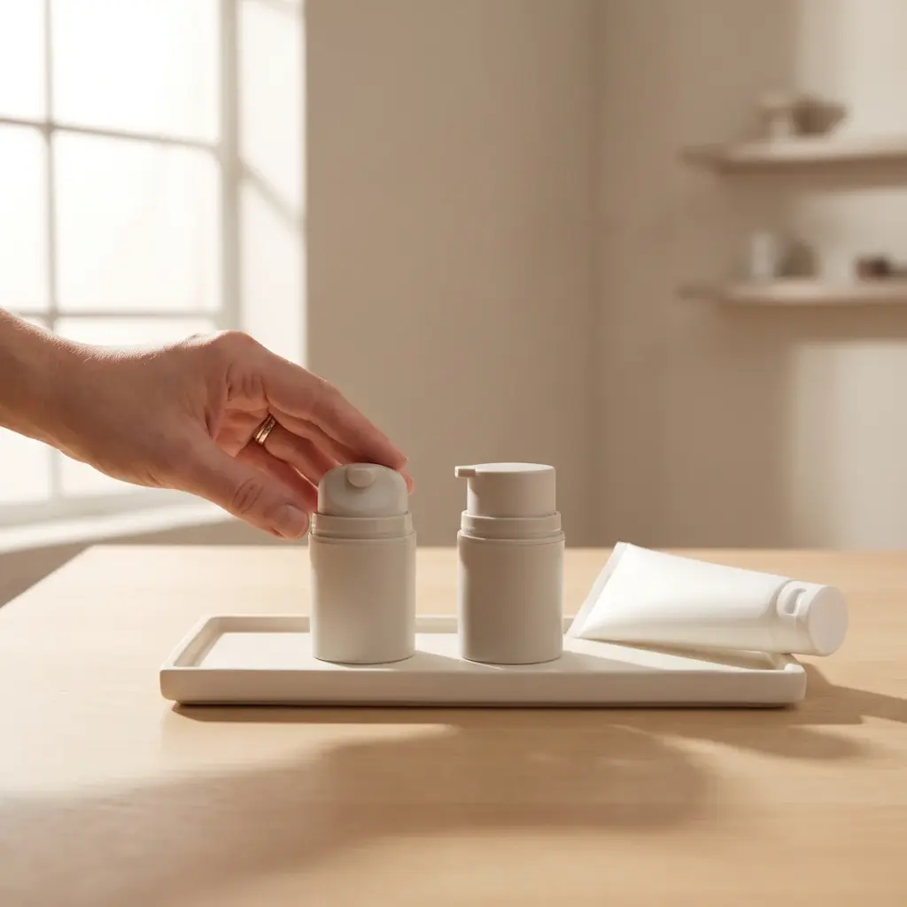 A hand touches one of two white cosmetic dispensers beside a squeeze tube on a shallow tray.