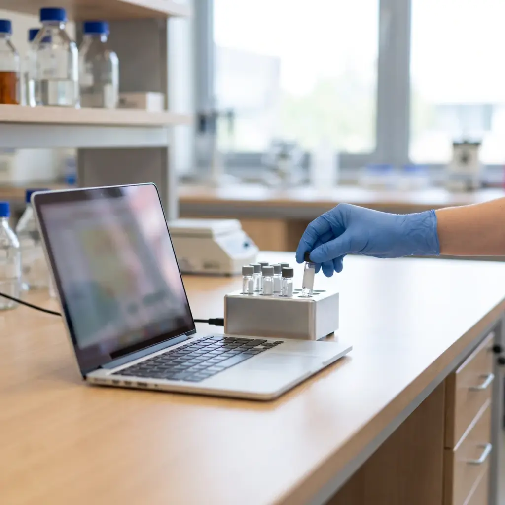 A blue-gloved hand holds a capped tube above a metal sample block beside an open laptop.