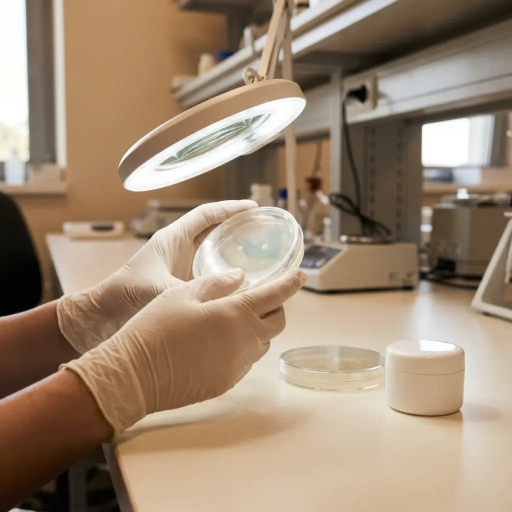 Gloved hands inspect a clear round dish beneath a magnifying lamp, with another dish on the bench.