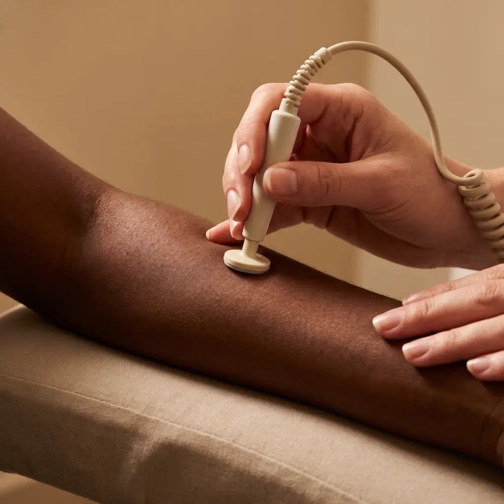 A wired probe touches a forearm while a hand holds the instrument.
