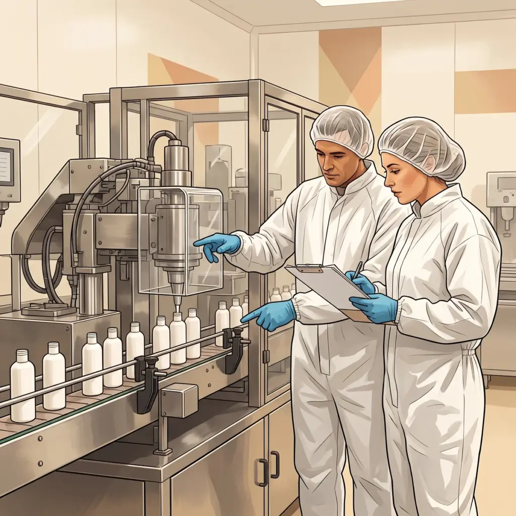 Editorial illustration of an auditor and production supervisor comparing a batch record with a clean cosmetic filling line.