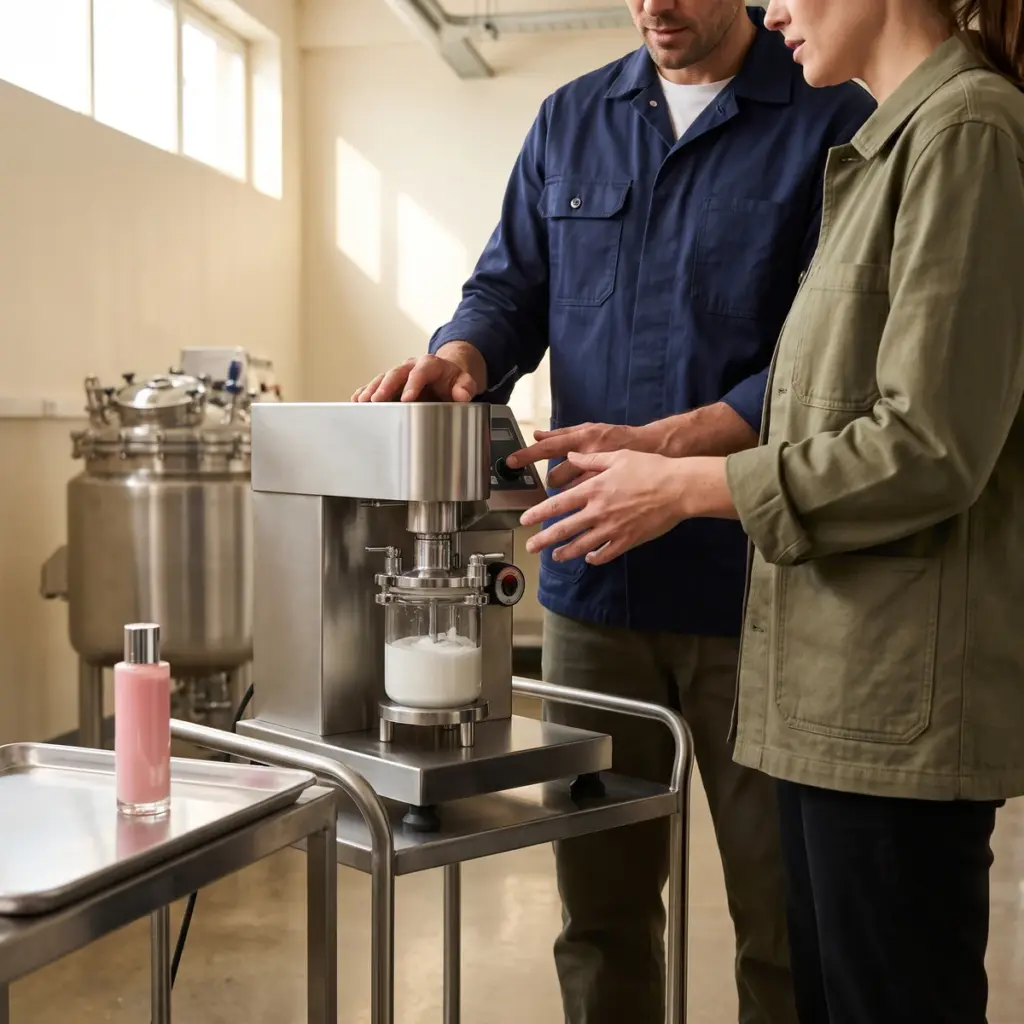 Two workers inspect a benchtop mixer containing cream beside a pink cosmetic bottle and larger tank.