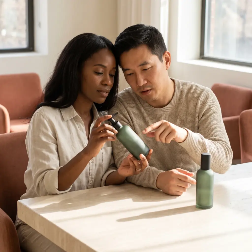 Two people examine a green pump bottle together at a table.