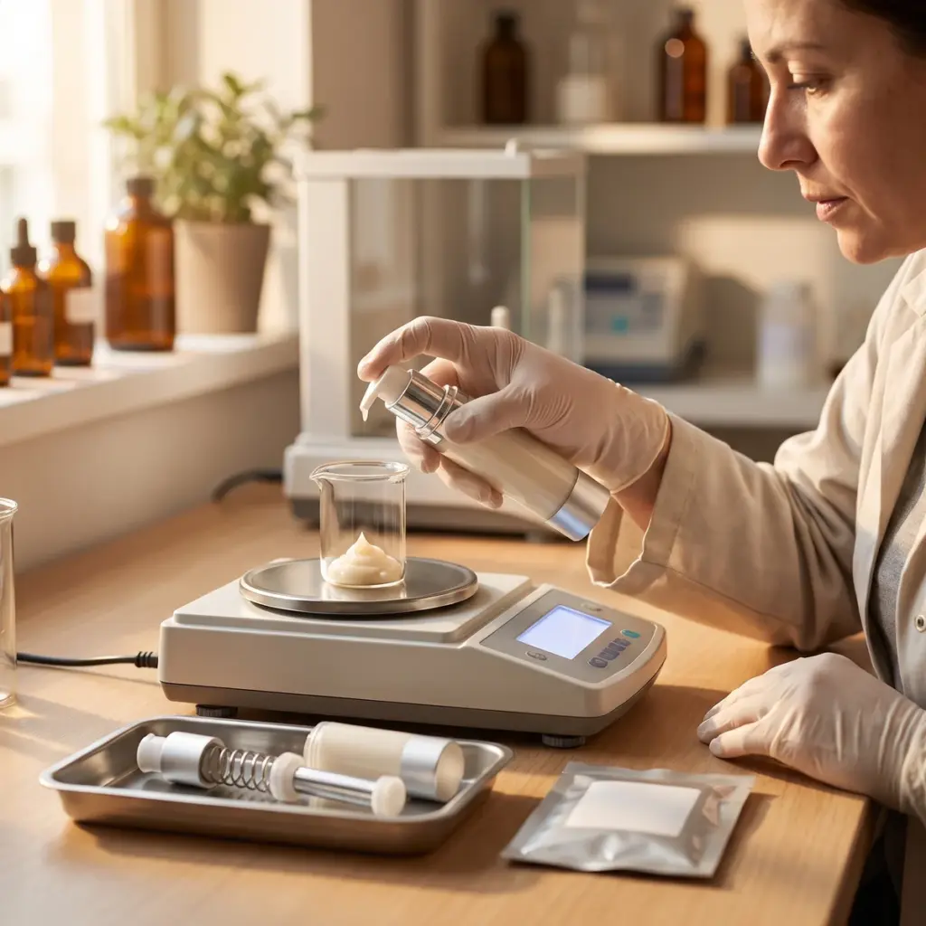 A gloved person holds a pump bottle over a beaker on an electronic balance beside spare pump parts.