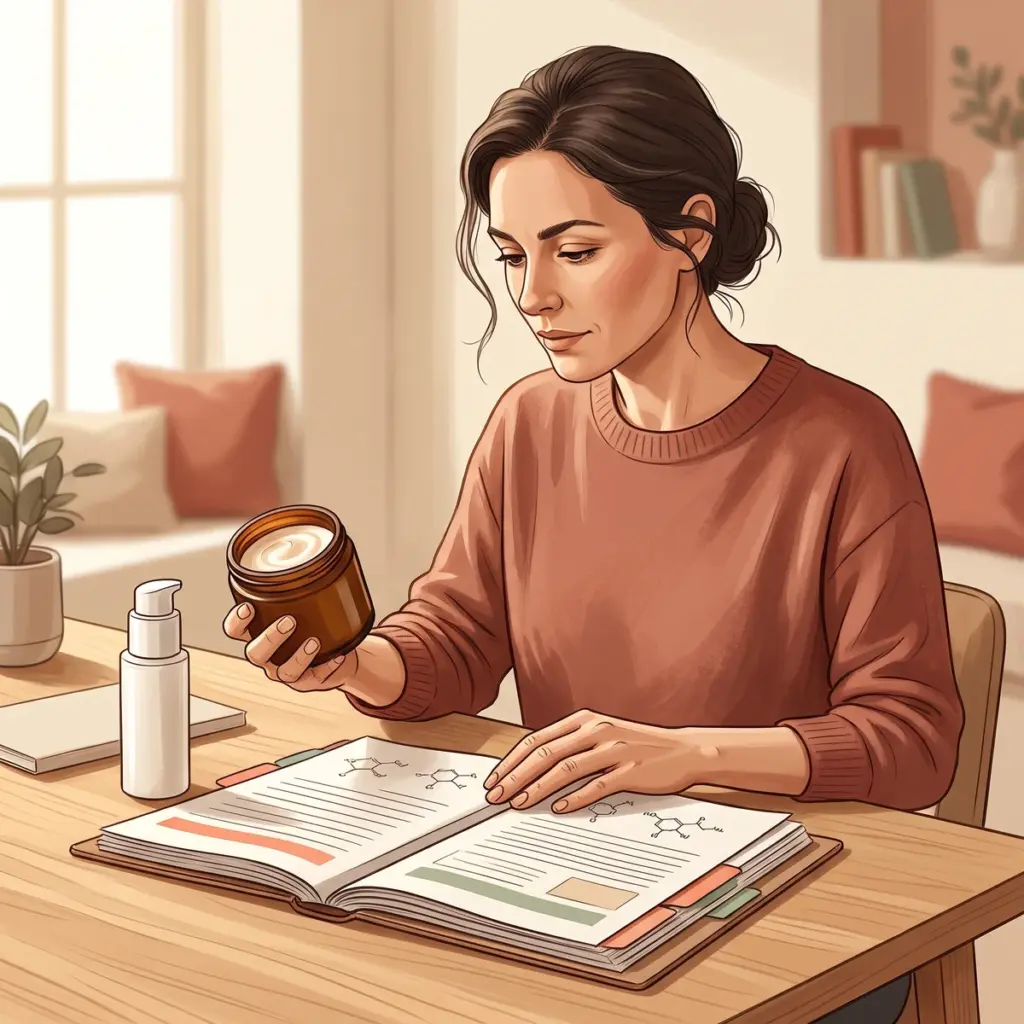 Safety assessor compares product records with a facial lotion jar and pump packaging.
