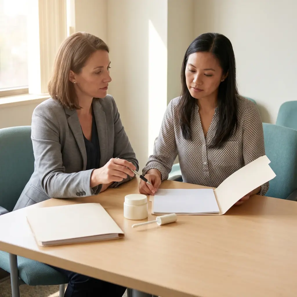 Two adults review an open folder beside a cosmetic jar and applicator on a wooden table.