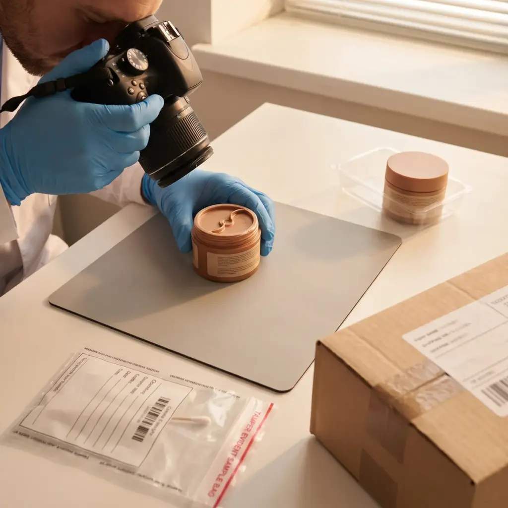 Gloved hands photograph a jar closure beside a separate reference jar, sample bag and shipping box.