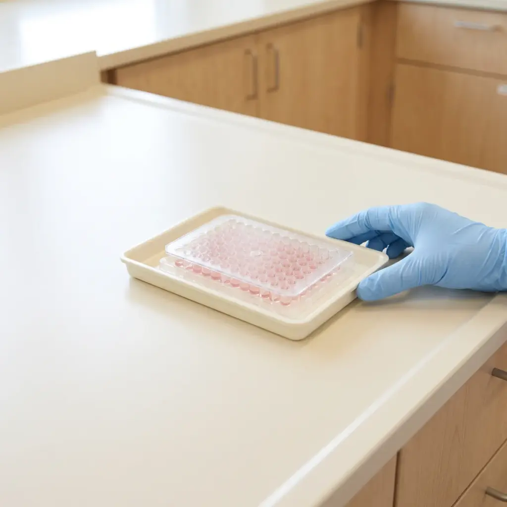 Gloved hand steadying a tray with a prepared multiwell plate containing pale pink liquid.