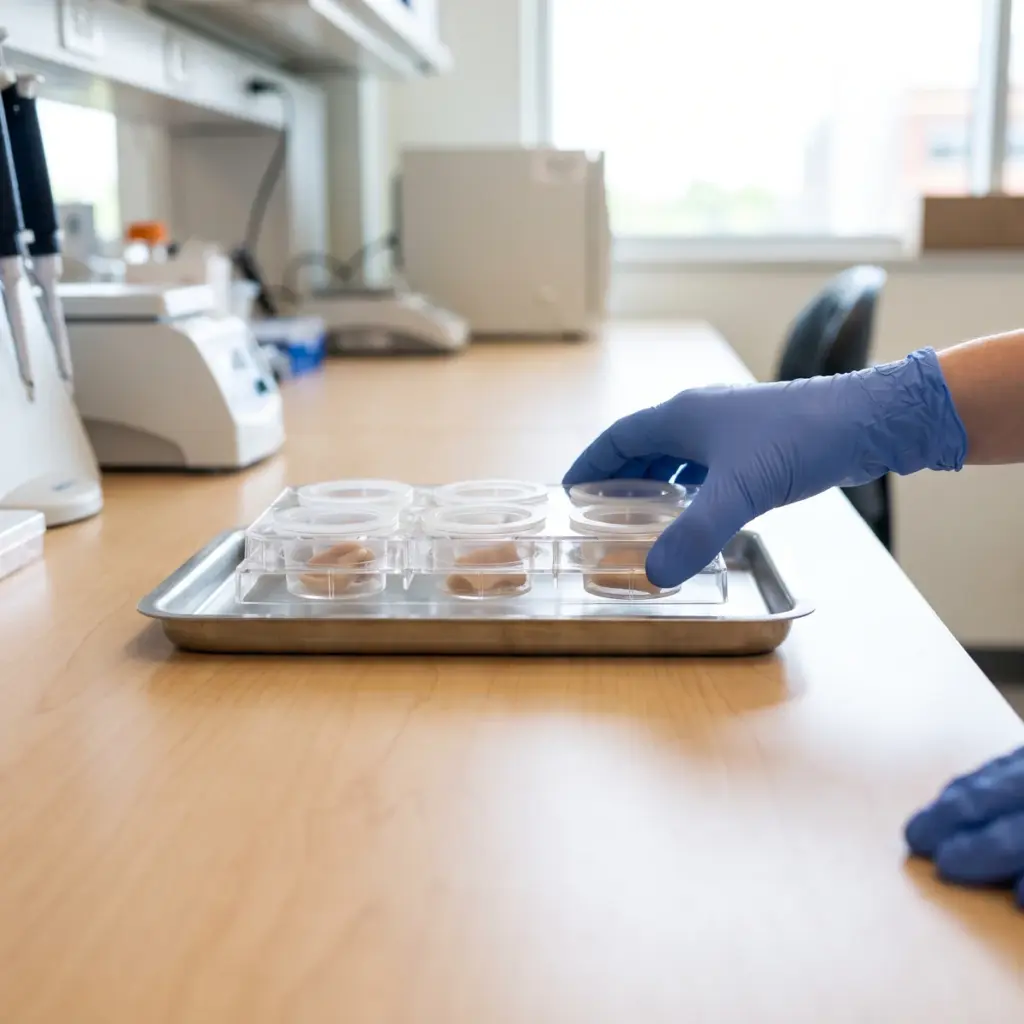 A gloved hand grips a clear multiwell plate holding circular tissue-model inserts on a shallow metal tray.