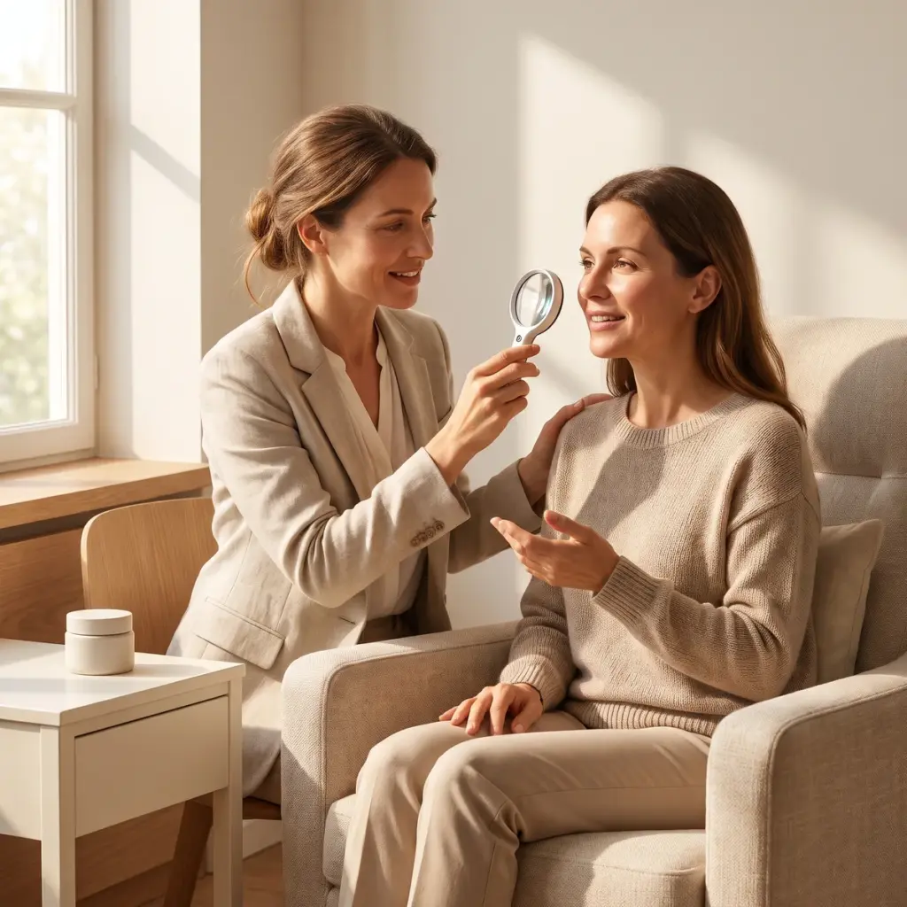 Editorial illustration of two women conversing while one holds an illuminated magnifier near the other’s cheek.
