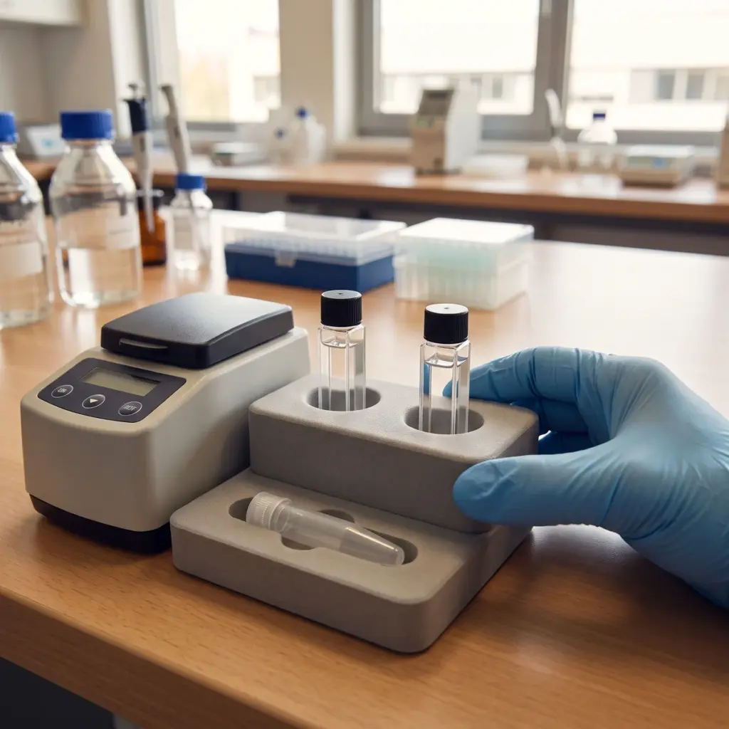 A blue-gloved hand holds a gray carrier with two capped clear vessels and a horizontal tube beside a benchtop instrument.