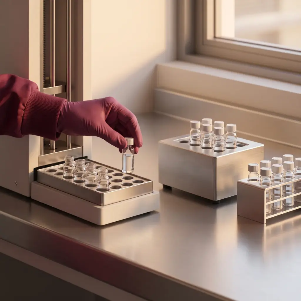 Editorial illustration of a gloved hand loading a sample vial into laboratory equipment.