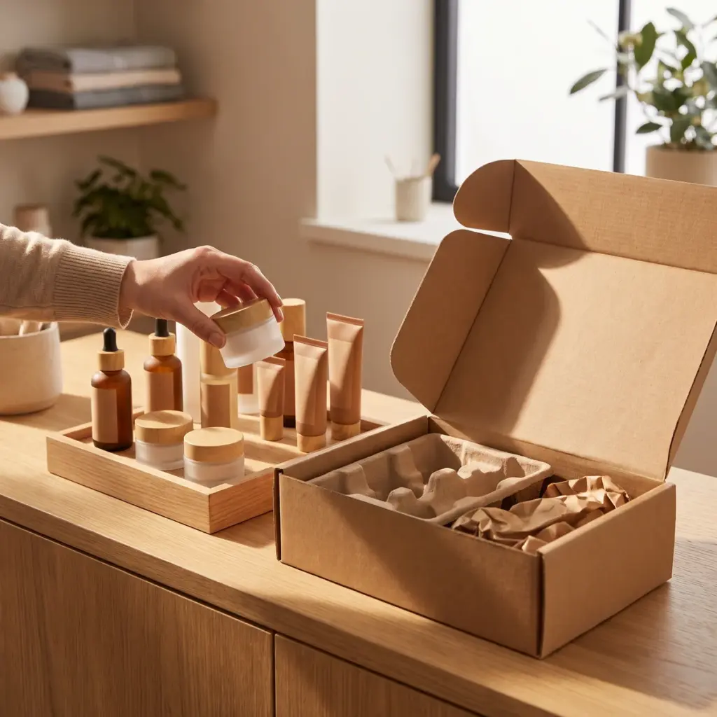 A hand holds a cosmetic jar above a display tray beside an open shipping carton and packing paper.