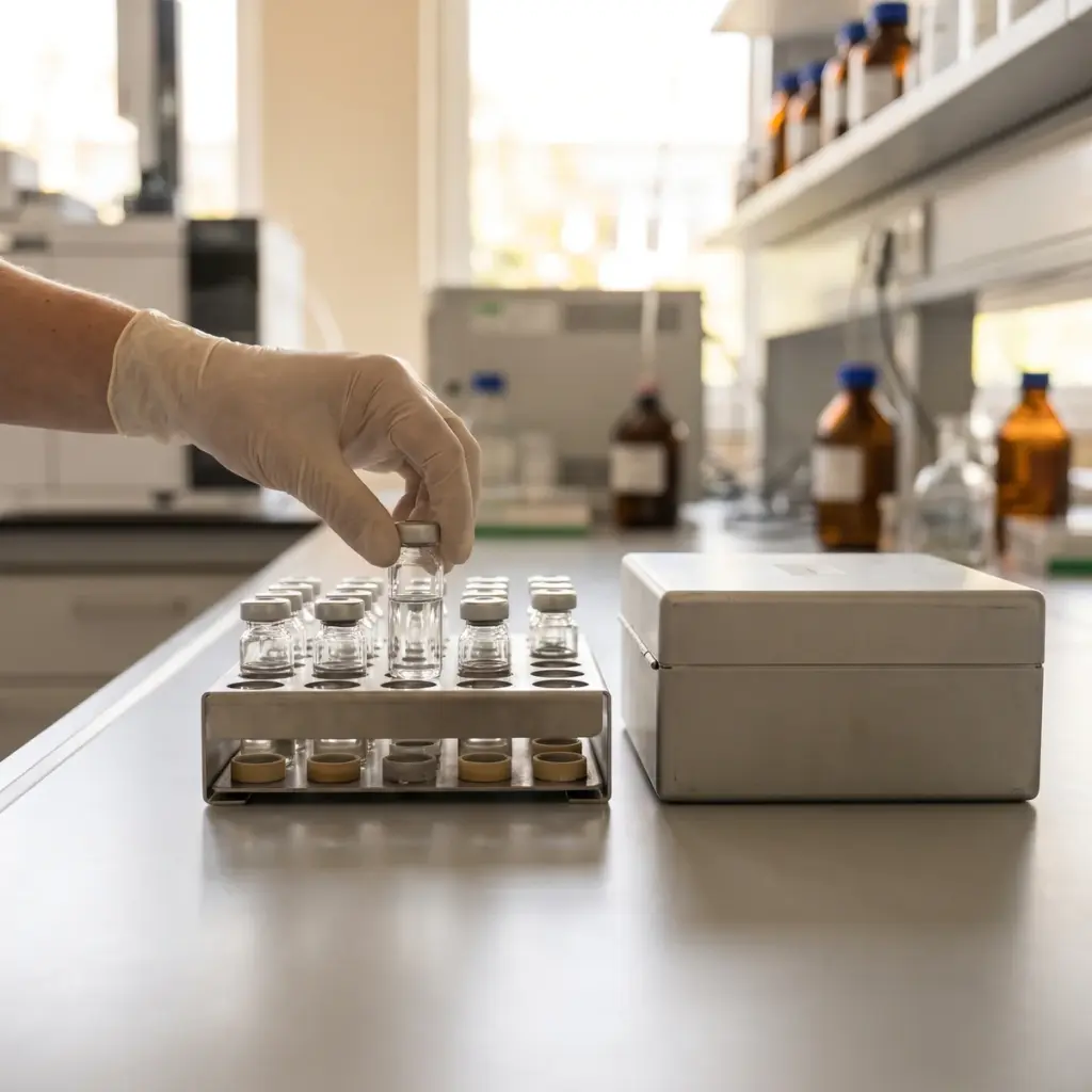 A gloved hand holds a capped clear vial at a metal sample rack beside a closed sample case.