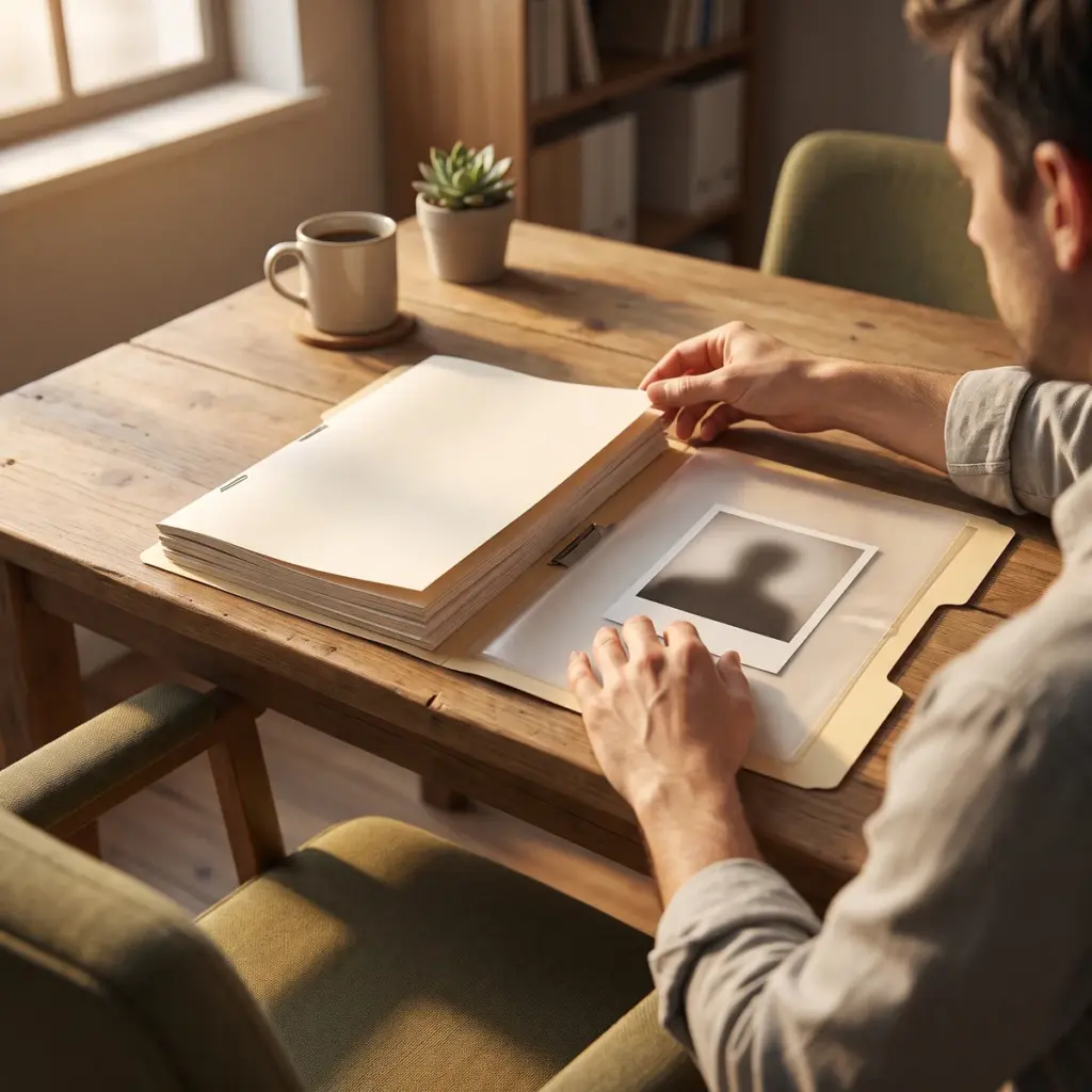 Editorial illustration of a reviewer arranging report pages beside a source-record folder and image sleeve.