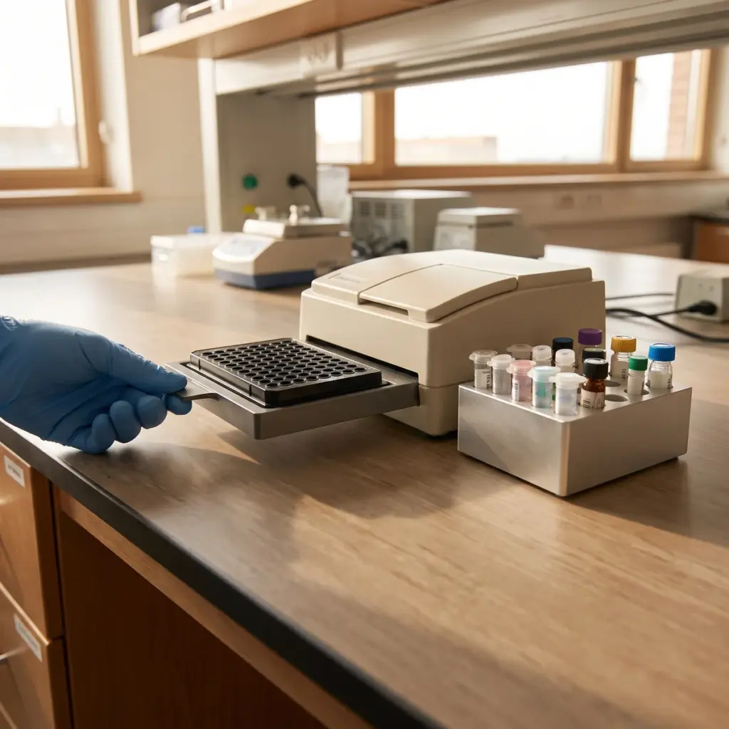A blue-gloved hand holds a plate-reader carrier containing a black microplate beside a rack of capped tubes.