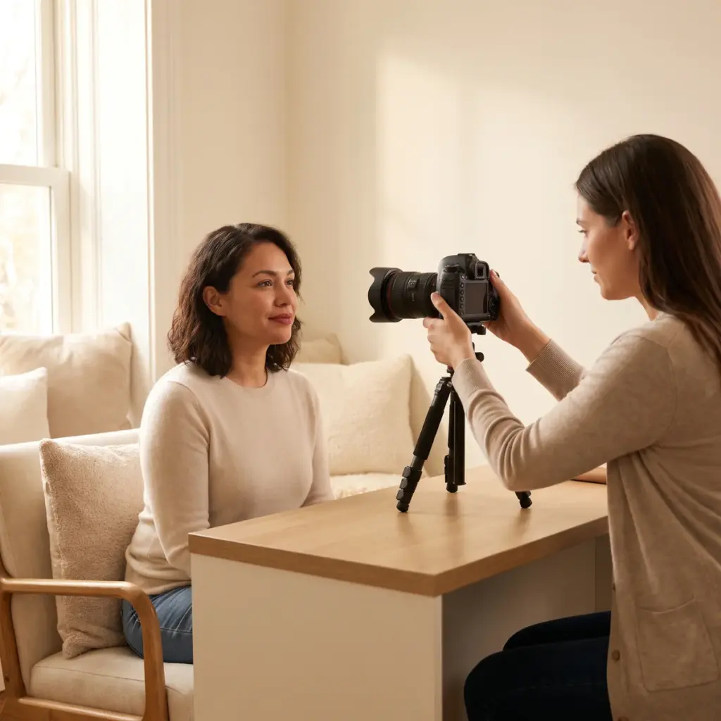 Editorial illustration of an adult being photographed with a tripod-mounted camera in a cosmetic study room.