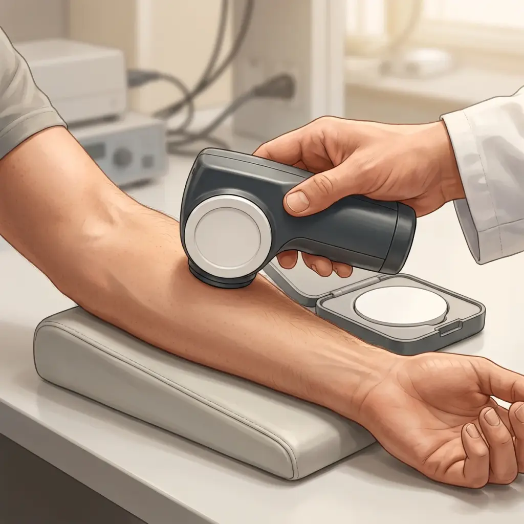 Editorial illustration of a handheld instrument measuring a supported forearm beside a calibration case.