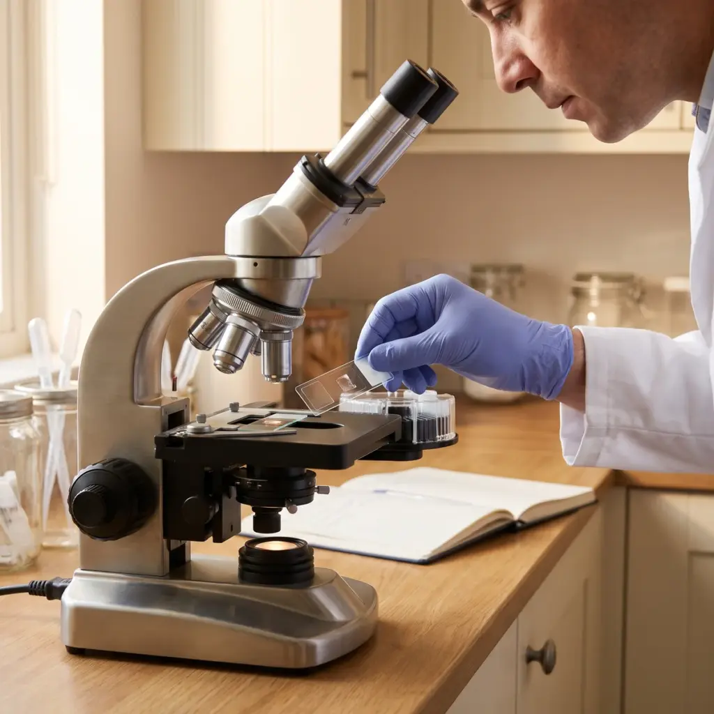 Editorial illustration of a gloved hand selecting a glass slide beside a microscope stage.