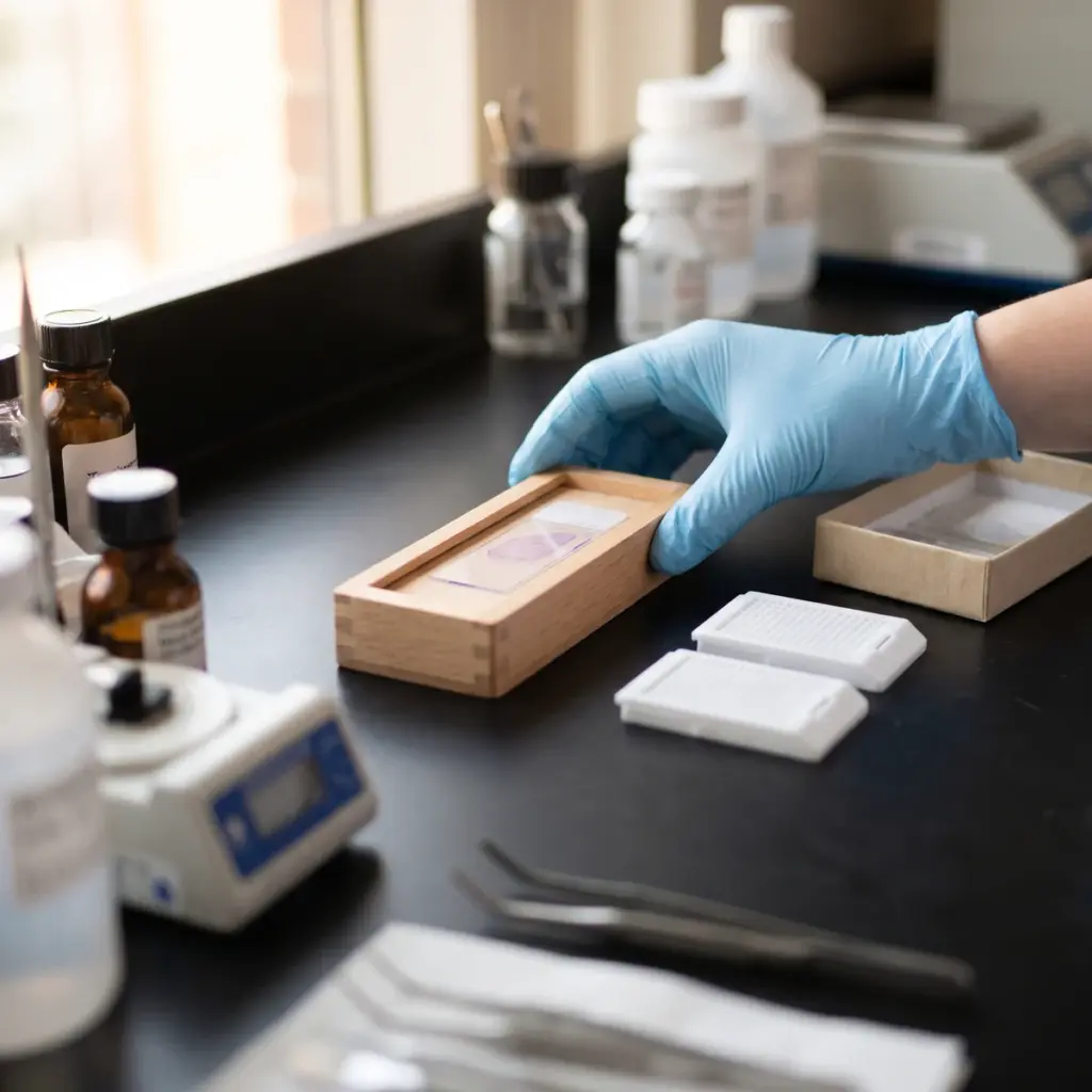 A gloved hand steadies a slide cradle beside two closed histology cassettes on a laboratory bench.