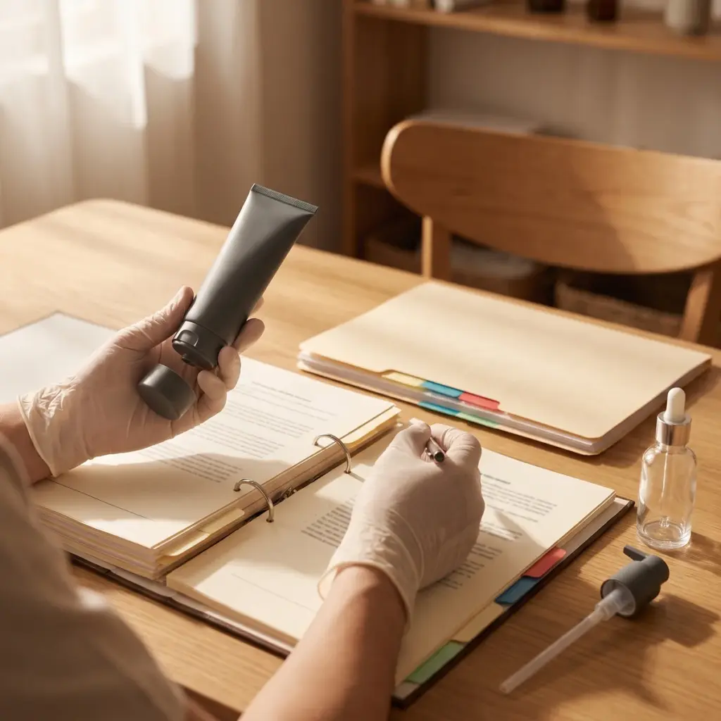 Gloved hands review a small packaging component above an open binder beside a separate tabbed folio.