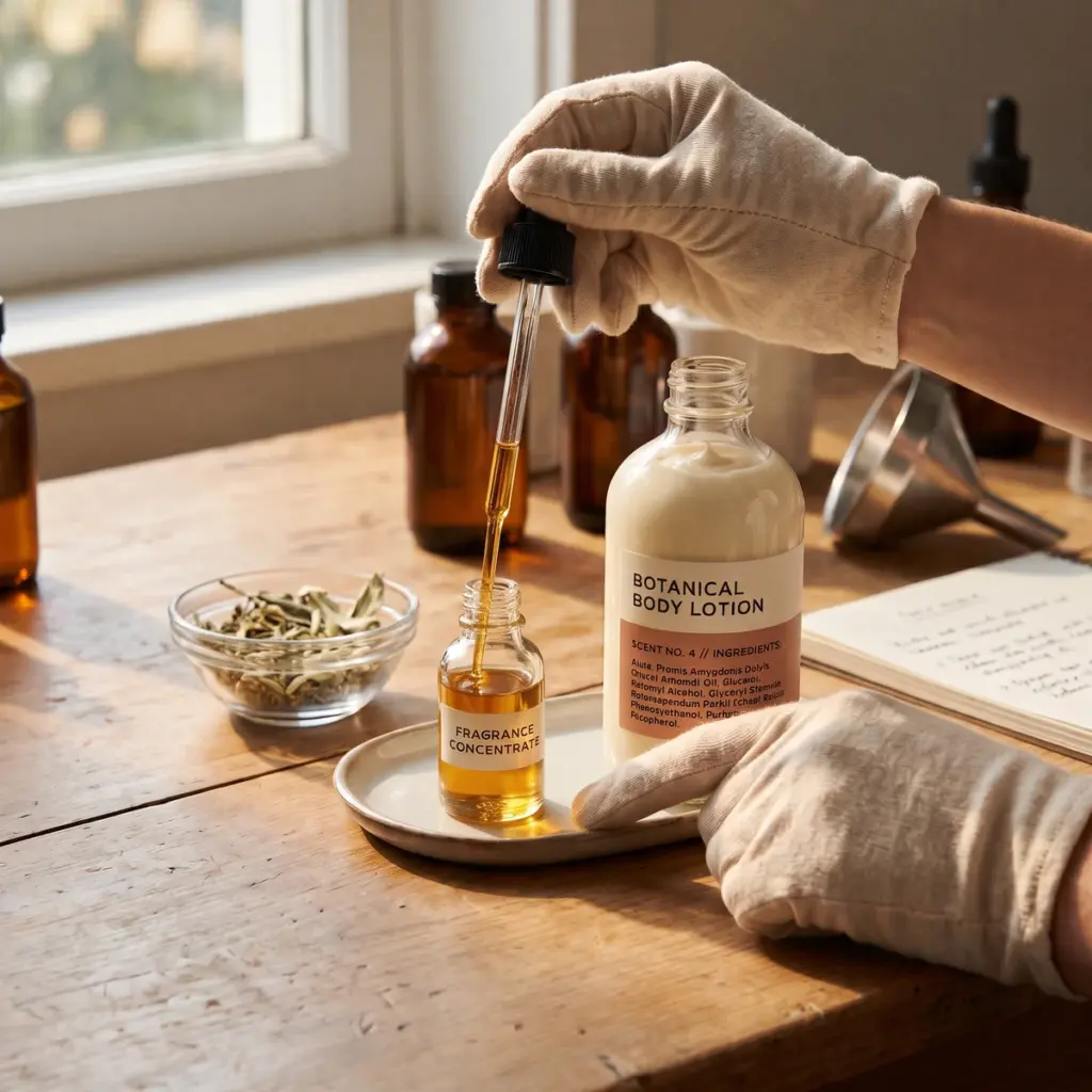 Perfume concentrate sample beside a finished lotion bottle with its ingredient panel facing outward.