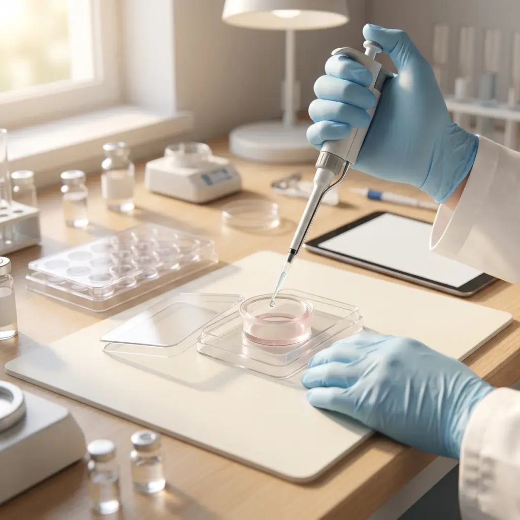 A blue-gloved hand holds a pipette above an open insert seated in a clear receiving plate.