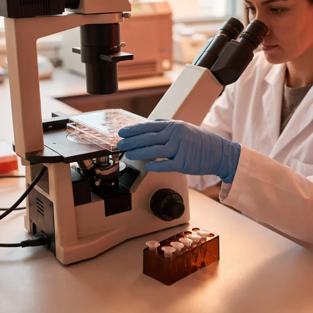 A blue-gloved hand positions a covered multiwell plate on an inverted microscope stage.