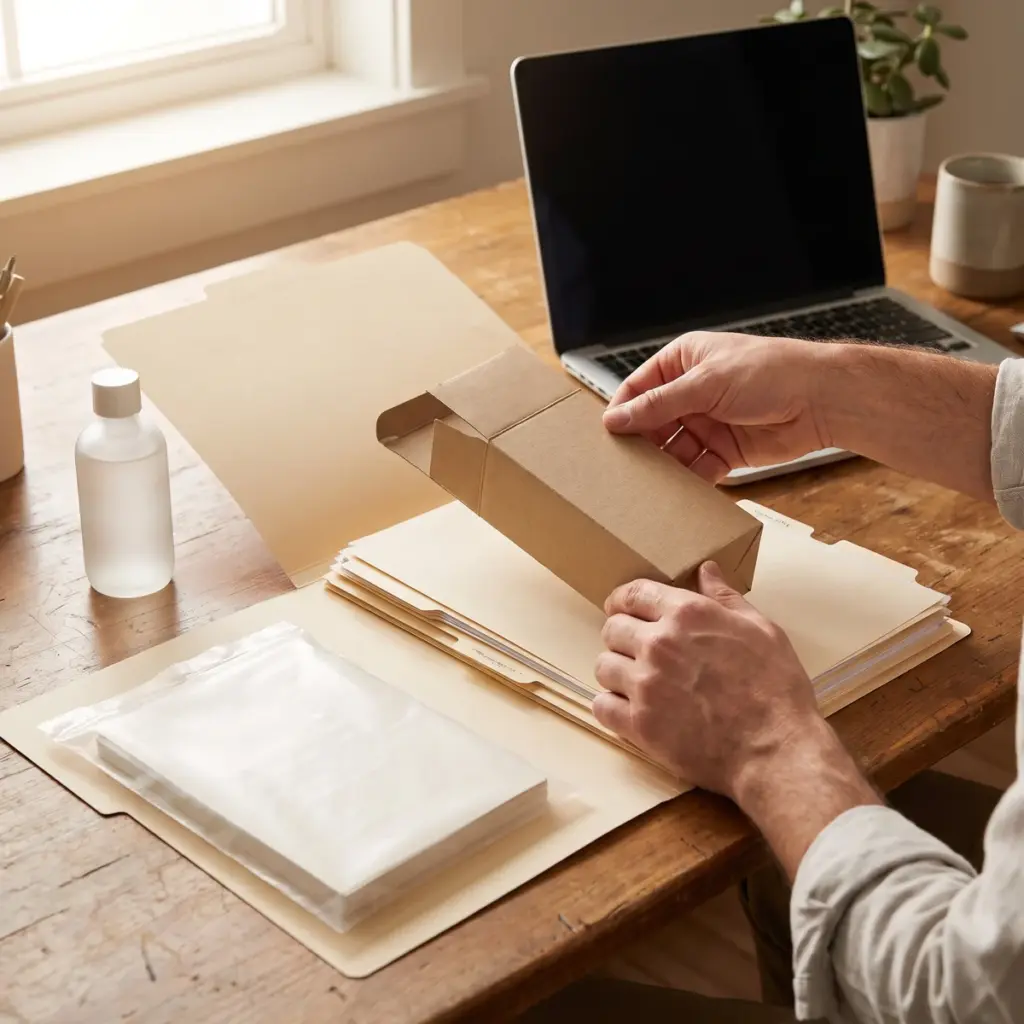 Hands examine an open carton beside a capped cosmetic bottle, tabbed folders and document sleeves.