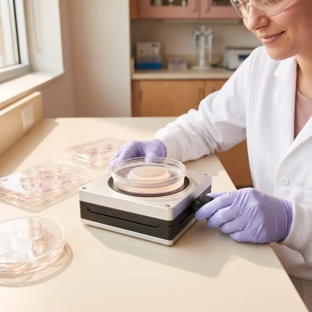 Editorial illustration of a gloved researcher adjusting a stage supporting a dish with a translucent gel-like disk.