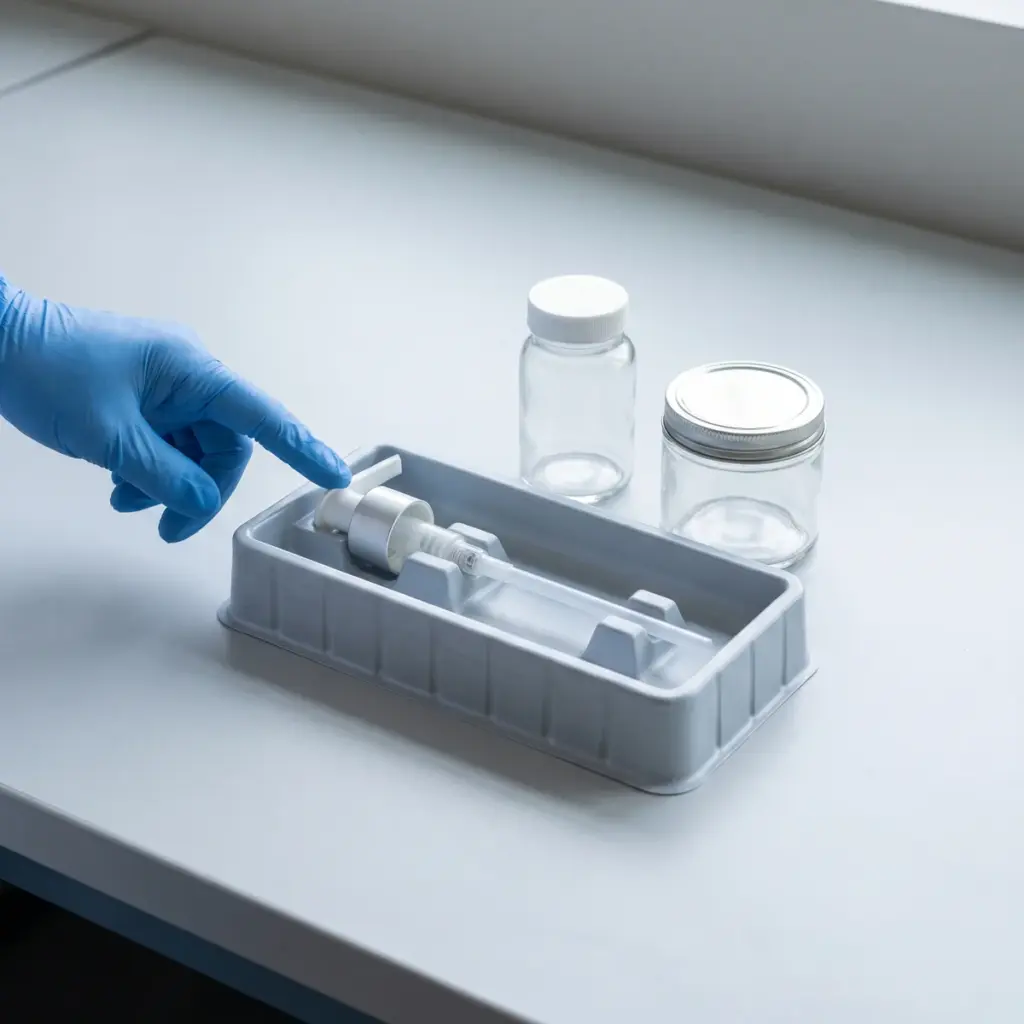 A blue-gloved hand points to a detached dispenser pump and dip tube in a tray beside a capped bottle and jar.
